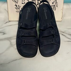 EUC Clarks Springers Women's US 9W Blue Leather Sandals 3 Straps Comfort A8